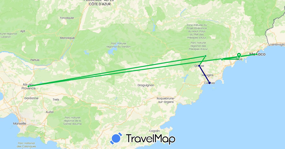 TravelMap itinerary: driving, bus in France, Monaco (Europe)